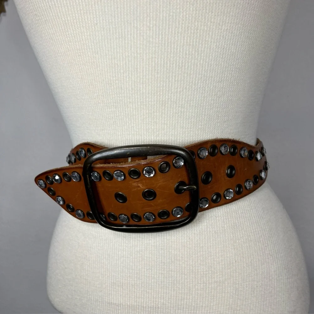 GAP Wide Tan Leather Studded Waist Belt with Crystal Accents